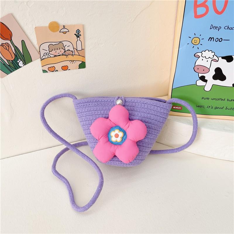

New Straw Woven Bag Korean Ins Children s Flower Cross-body Women s Change Purse