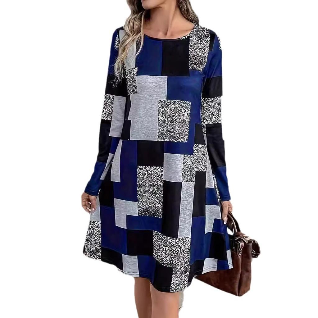 Color Block Geometric Pattern Print Long Sleeve Women's Dresses