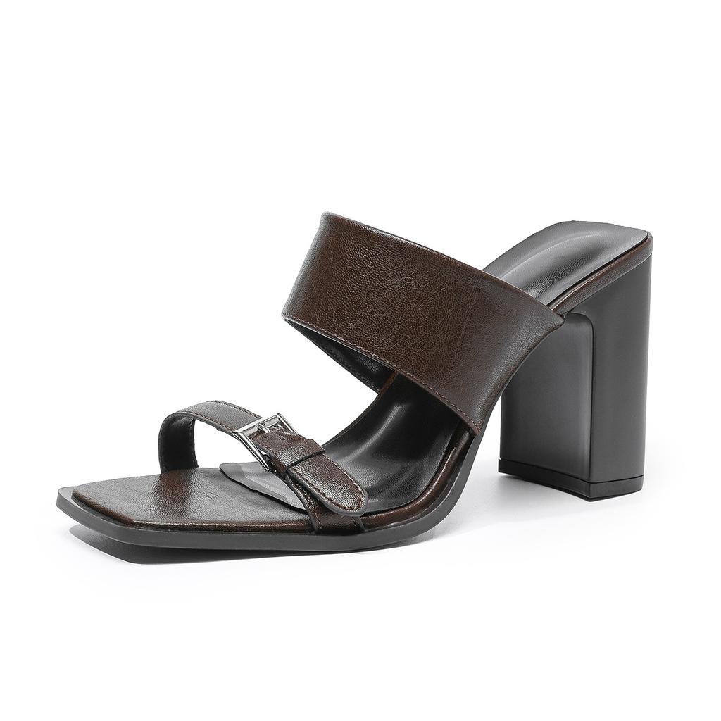 Women's Two Strap Square Open Toe High Block Heels Sandals Dress Pumps Casual Summer Mules Shoes for Weeding Party Chunky Heeled Slides for Women