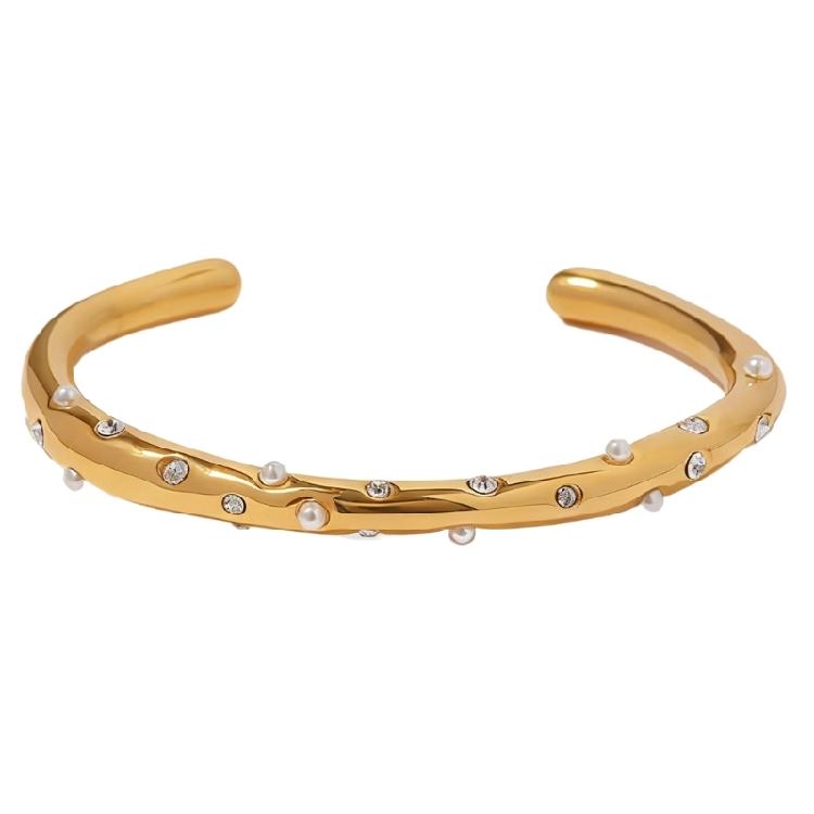 Elegant Adjustable Open Bangle Stainless Steel with Simulated Pearls Contemporary Jewelry