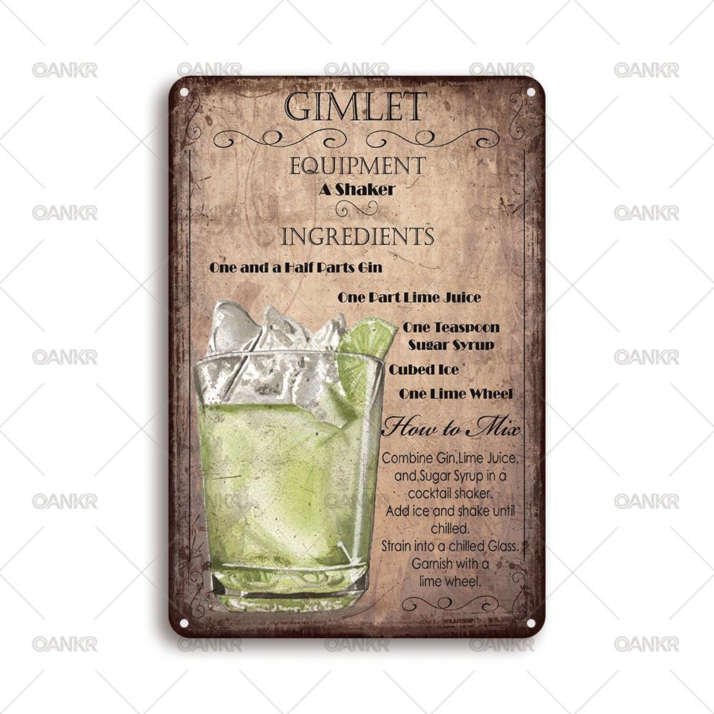 Vintage Art Cocktail Poster Metal Tin Sign Gimlet Recipe Cocktail Bar Metal Signs for Home Pub Bar Wall Decor Plaque 20x30cm(7.8x11.8inch)
