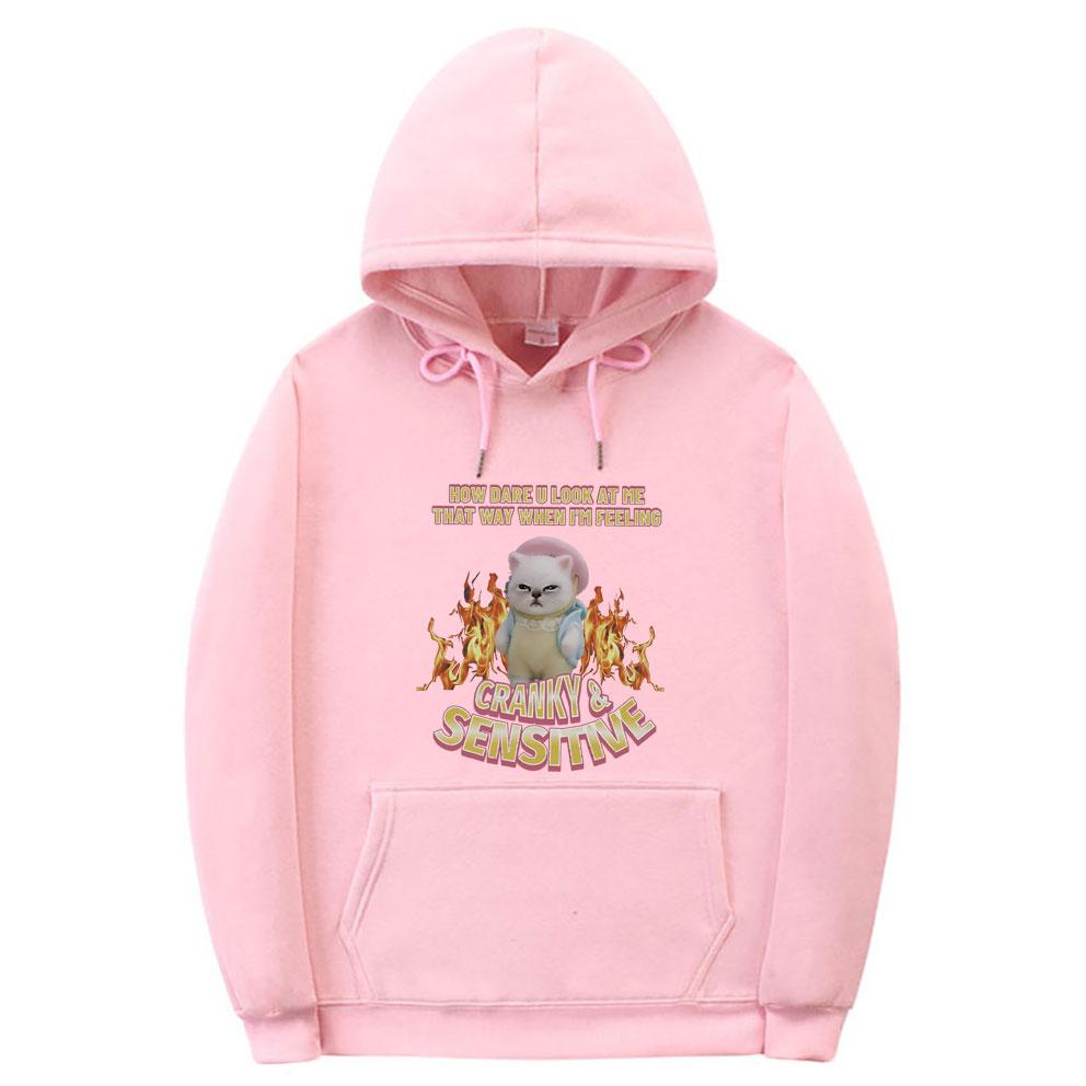 How Dare U Look At Me That Way When I'm Feeling Cranky Sensitive Kawaii Cat Funny Meme Hoodie Unisex Casual Cotton Pullover