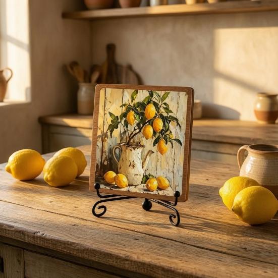 Masaüstü Natürmort Resim Vintage Limon Yağlı Boya Ahşap Tabela, Pastoral Çiftlik Evi Dekoratif Plaka Şifalı Ev İç Mekan Süsü ile