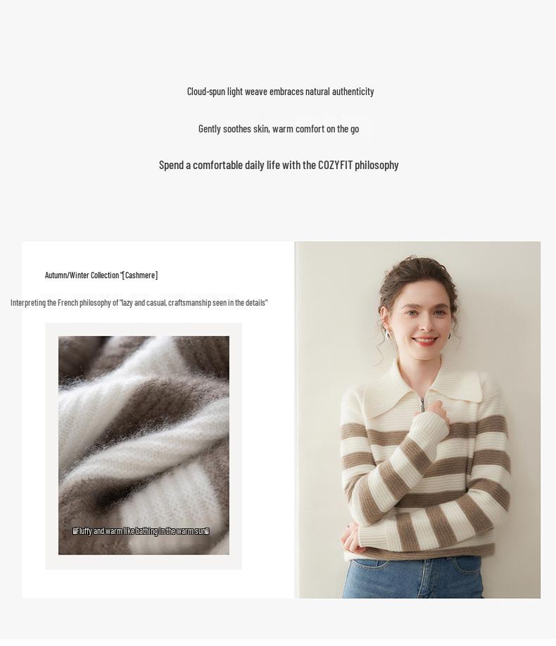 2025 Autumn-Winter Women's Cashmere High-Neck Striped Zipper Sweater