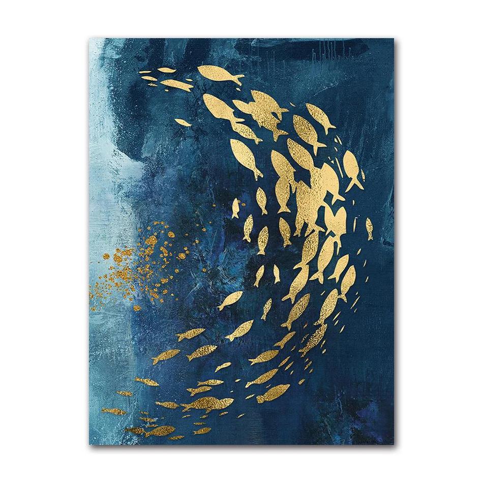Painting Big Blue Poster Print Luxurious Wall Art For Living Room Aisle Gold Tableaux Picture Abstract Gold Fish Chinese Canvas