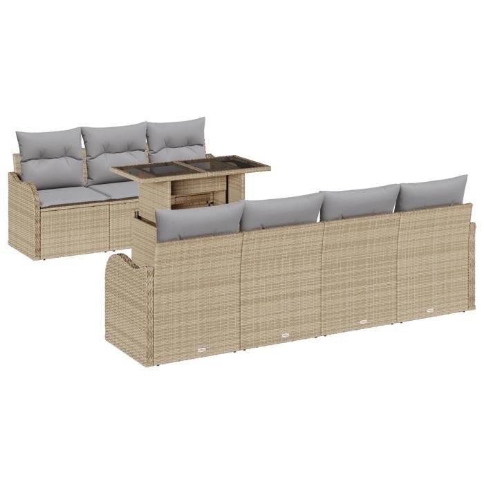 Ensemble de Canapés de Jardin de 8 Pièces avec Coussins Beige Poly Rotin vidaXL, Canapé de Jardin 2 Places avec Rangement et 3357143