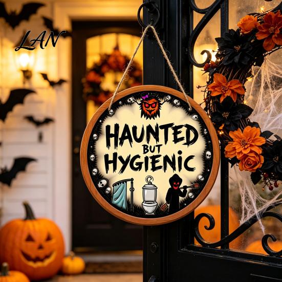 Unique Bathroom Wall Art Halloween Hanging Ornaments, Creative Ghost Wooden Decorative Plaque Sign, Sign for Restroom Wood Door