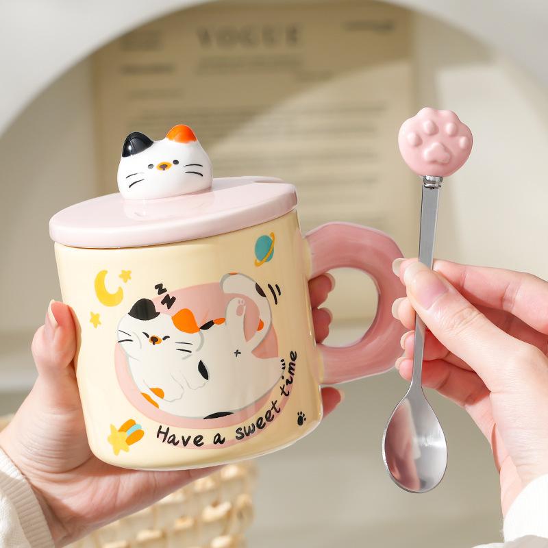 Cream cute kitten ceramic cup creative gift box ceramic mug drinking cup practical gift set