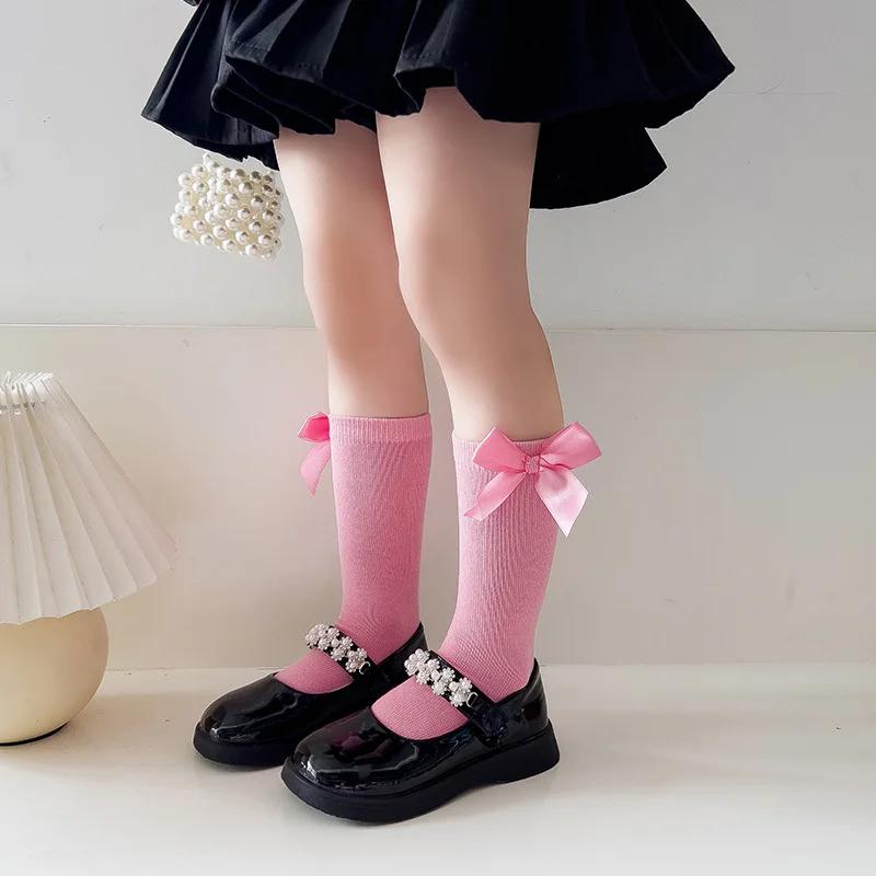 New Spring Summer Girls Knee High Socks Kids Bow Tie Long Socks Soft Cotton Breathable Children School Uniform JK Fashion Socken