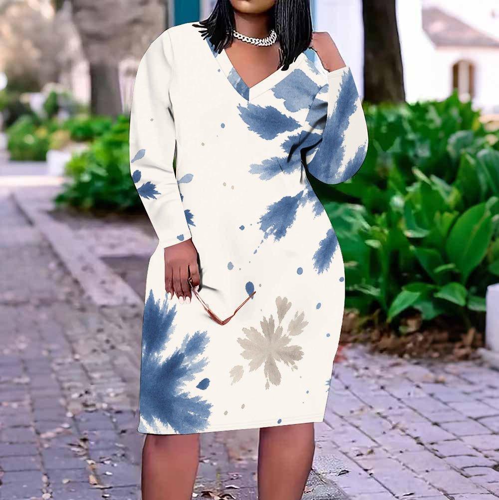 Women Plus Size V Neck Long Sleeve Blue White Tie Dye Printed Fitted Midi Dress
