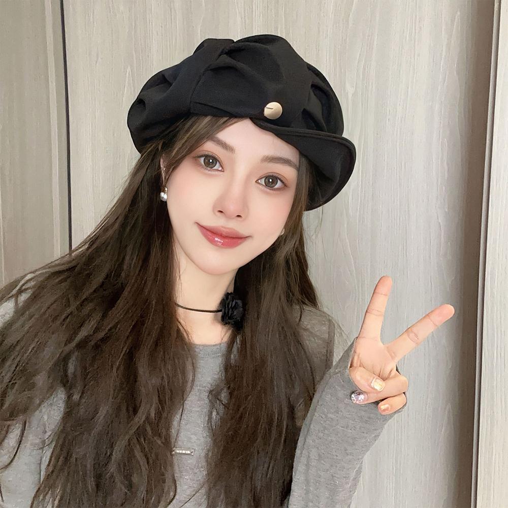 Women Cloud Pleated Newsboy Cap, Adjustable 55-59CM Octagonal Beret Hat, Large Head Circumference Visor Hat, Face Slimming Casual Hat