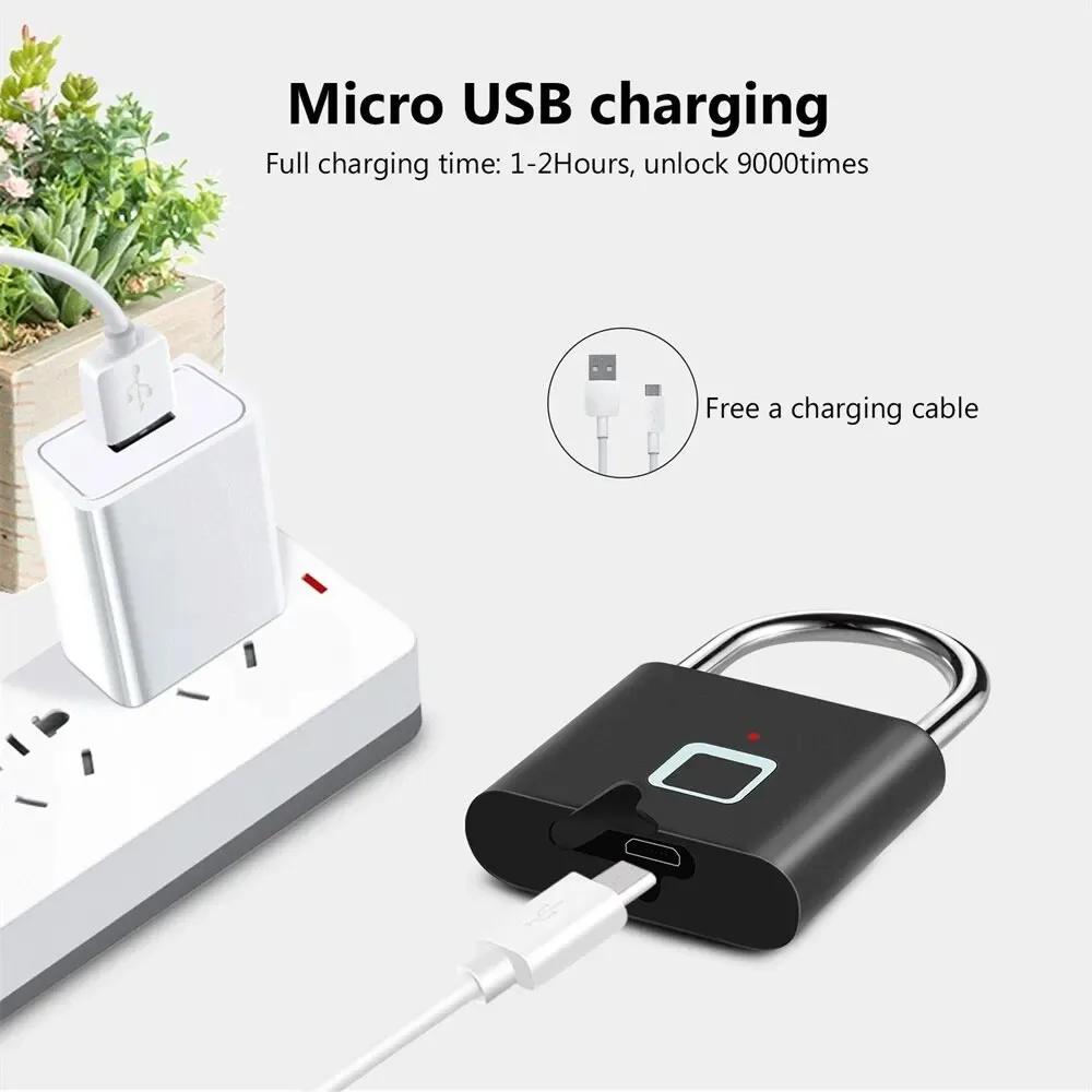 Smart Fingerprint Padlock Waterproof Zinc Alloy Biometric Padlocks USB Charging Fingerprint Lock Door Lock