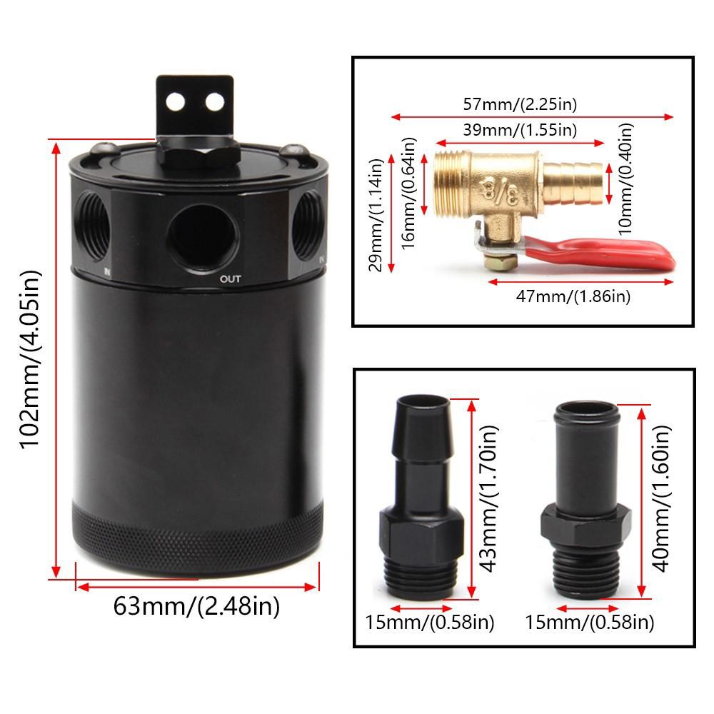 Universal Car 3-Port Oil Catch Can Tank Separator 1 Outlet 2 Inlet With Breathing Filter And Oil Drain Valve Filter Kit Black