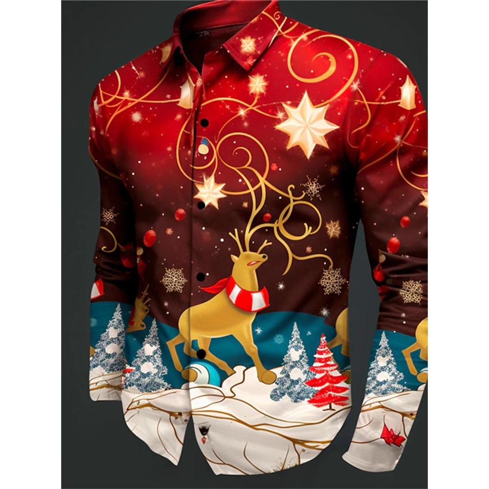 Gift Christmas Tree Print Men's Long Sleeve Shirt Urban Street Men's Fashion Christmas Shirt Autumn And Winter Casual Mens Shirt