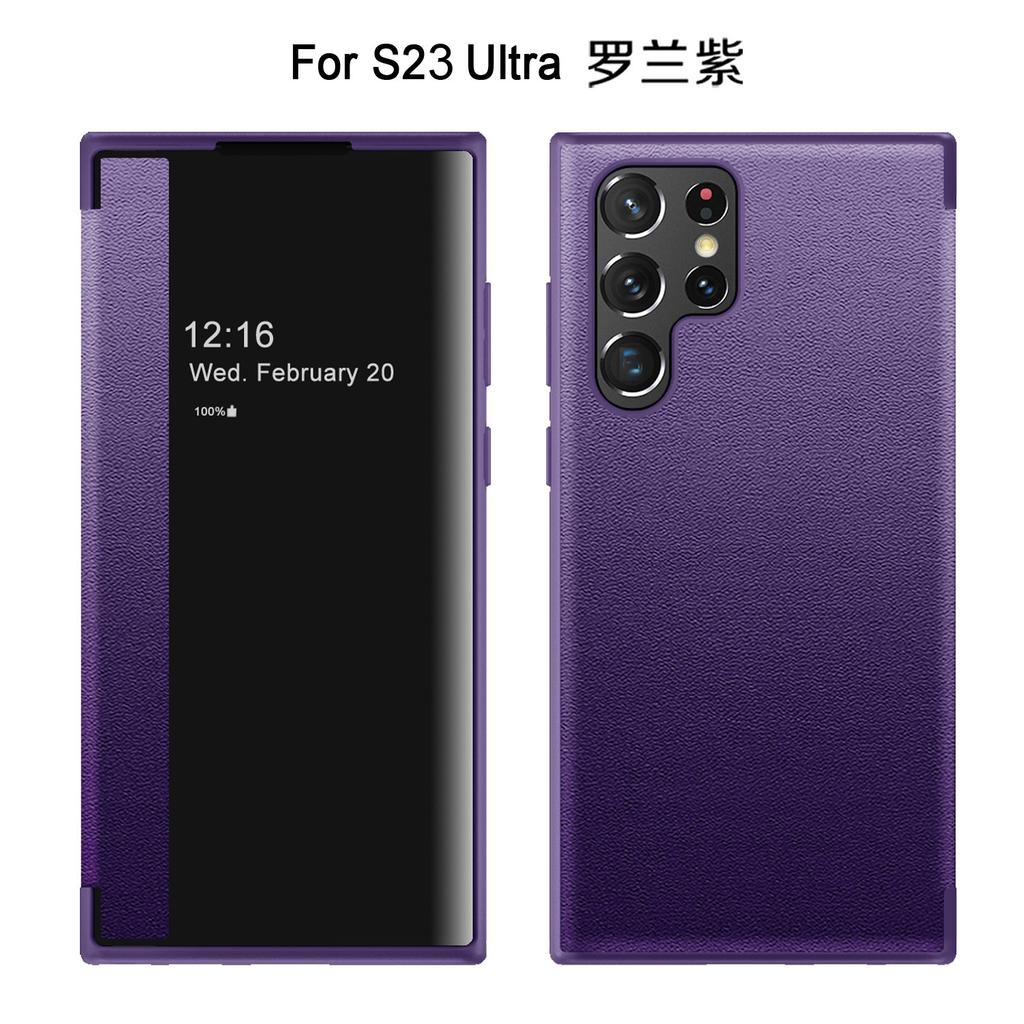 Applicable To Samsung S25Ultra Mobile Phone Case Plain Leather S24 Clamshell Leather Case Note20 Side Window Anti-drop Protective Case A52