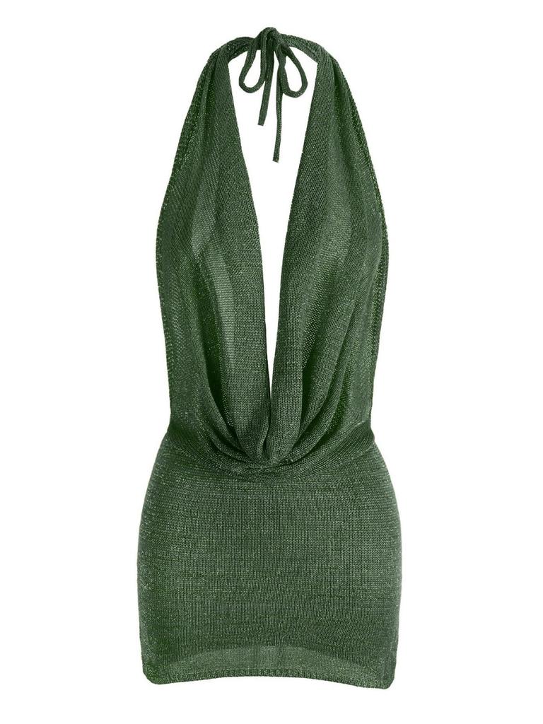 Mini Abito Arancione Lavorato a Maglia Halter da Donna Profondo Scollo a V Schiena Nuda Copricostume da Spiaggia Abito da Festa K145