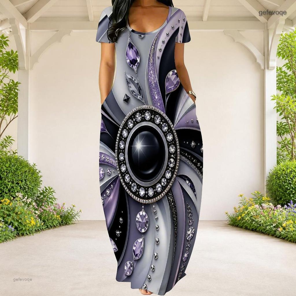 Women Plus Size Round Neck Short Sleeve Heart Gem Printed Green Loose Long Dress With Side Pockets