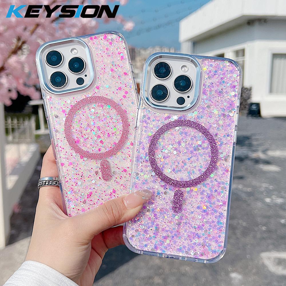 KEYSION Luxuxy Glitter Magnetic Phone Case for MagSafe for iPhone 15 16 Pro Max 15 16 Plus Soft TPU+PC Shockproof Back Cover