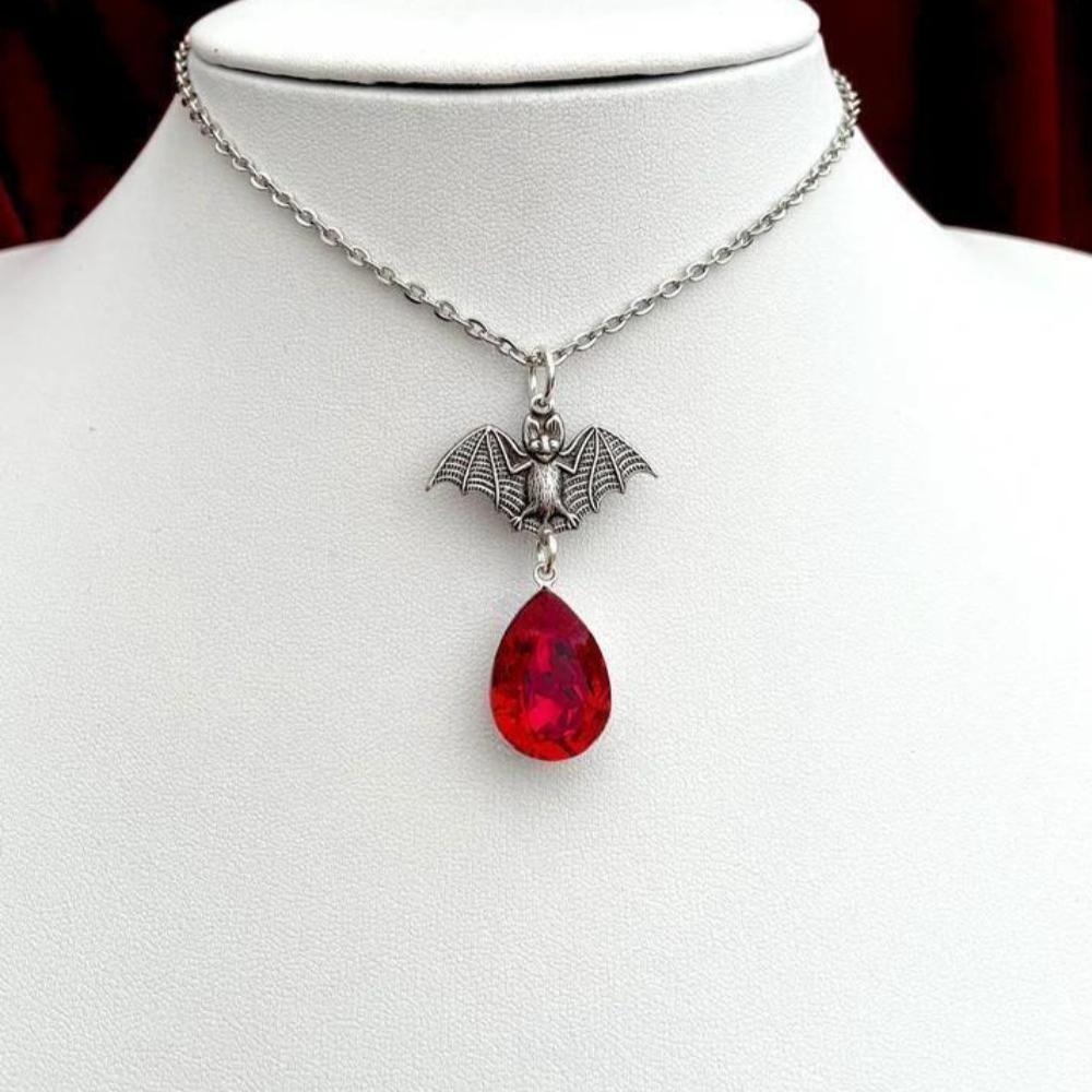 Goth Hip Hop Sliver Color Vampire Bat Red Blood Drop Pendant Stainless Steel Necklace for Women Halloween Demon Slayer Jewelry