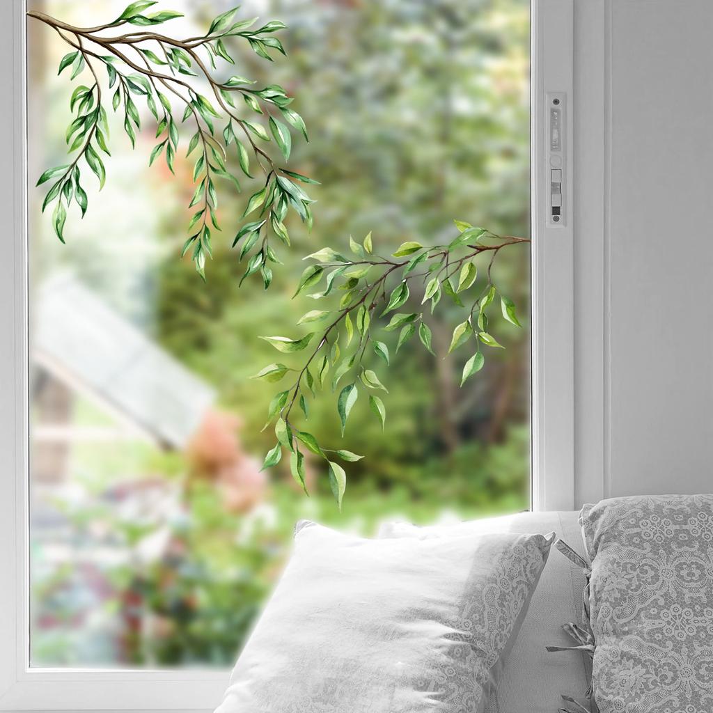 Eclectic Green Leaf Window Stickers for Waterproof Kitchen and Bathroom Glass, Presenting A Refreshing and Modern Look.