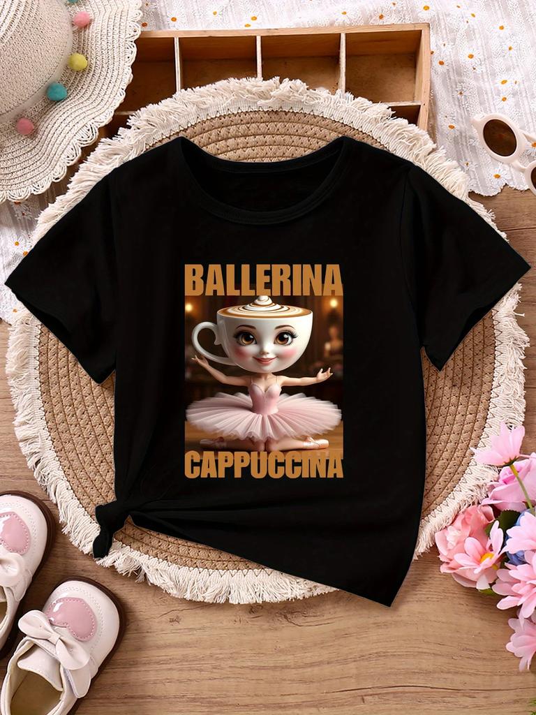 Dětské ležérní tričko s krátkým rukávem BALLERINA CAPPUCCINA se zlatými písmeny a potiskem kreslené baleríny a cappuccina