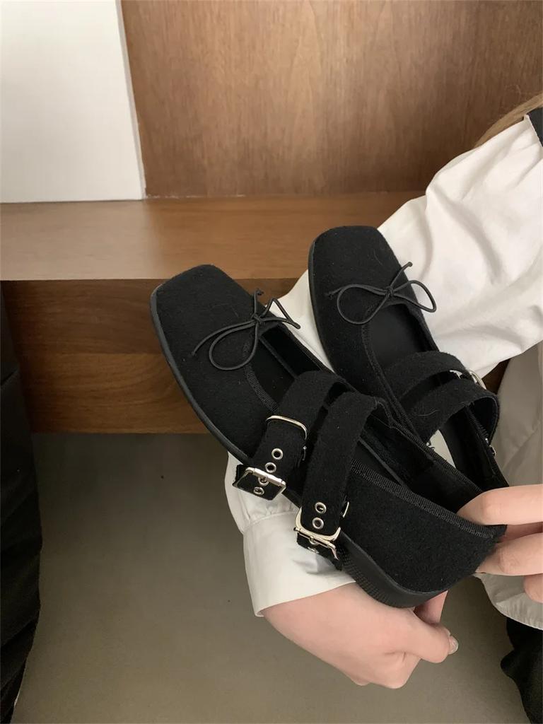 Fashion IPPEUM Velvet Mary Janes Shoes Women Ballet Flats Square Toe Rose Red Buckle Ballerinas Zapatos Mujer