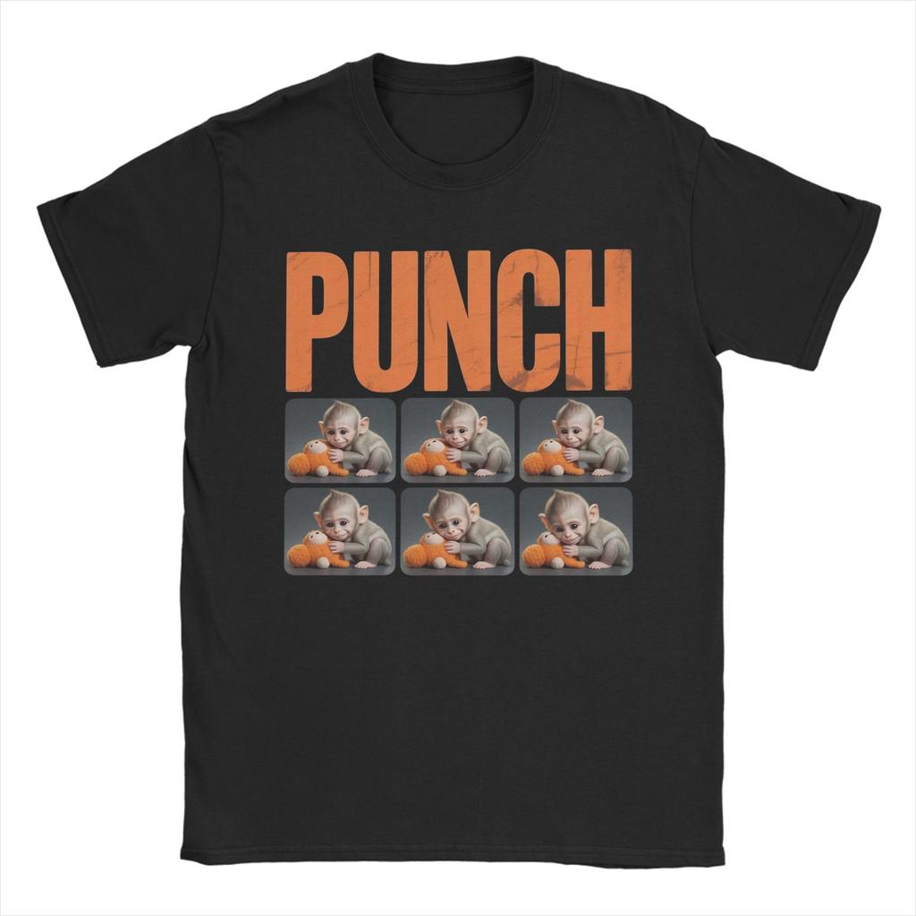 Men Women Printed Team Punch Punch the Monkey Baby Monkey Holding Plush Toy Tee T Shirt Pure Cotton Tshirts Clothes