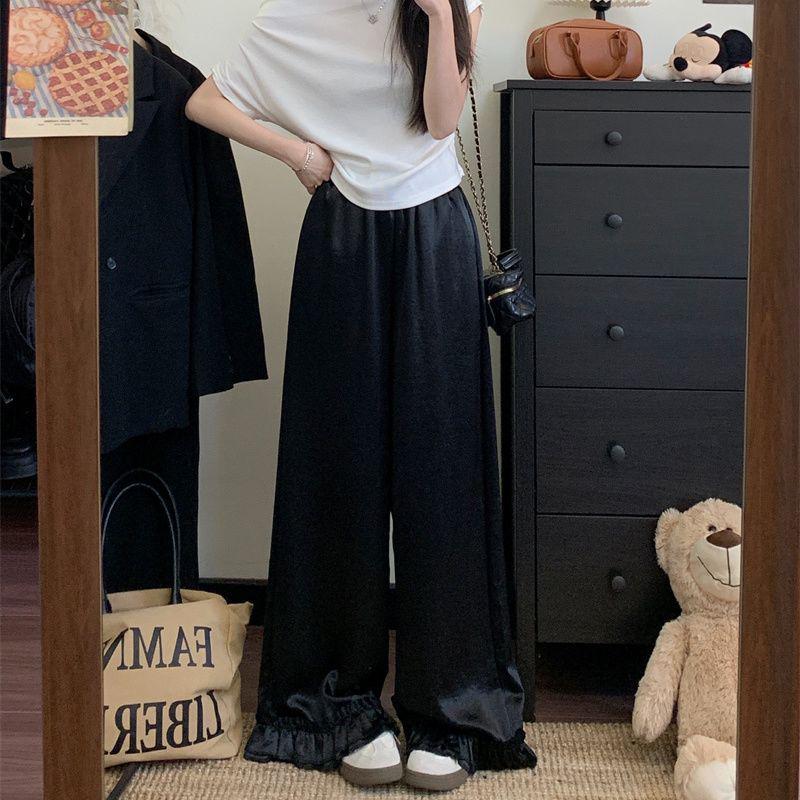 

Women s High-Waist Satin Wide-Leg Lace Patchwork Pants - Summer Casual Slimming Design S Length ~96 cm
