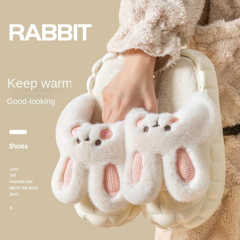 Fashion Mo Dou 2025 Winter Warm Women Slippers Waterproof Vamp Cute Rabbit Bear Decoration Indoor Outdoor Shoes Soft Plush Men Slippers