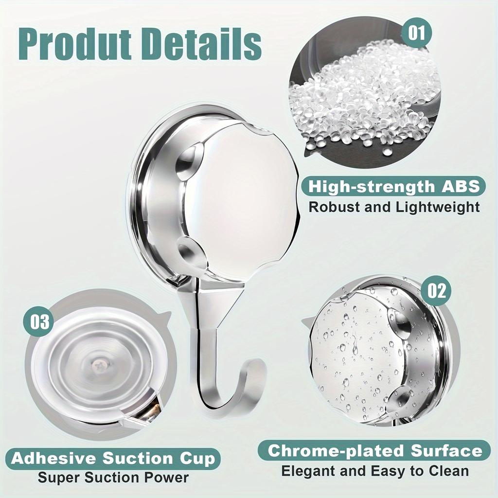 Klebehaken mit Saugnapf, Hochbelastbare Handtuchhaken zur Wandaufhängung an Duschtüren, Silberfarbene, verchromte Kunststoff-Wandhaken für Badezimmer, Küche