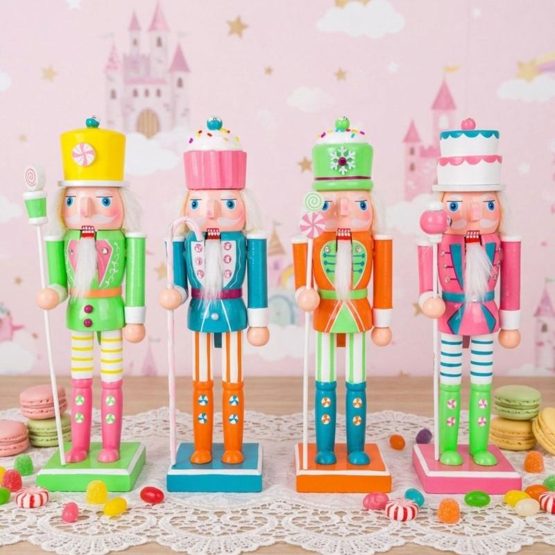 Seasonal Candy Colored Nutcrackers Figurine Wooden Holiday Decoration with Classical Character and Freestanding Base for Tabletop Mantel Decors