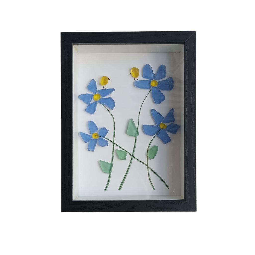 Sea Glass Flower And Bird Photo Frame, Home Desktop Decoration, Sea Glass Art Photo Frame Painting