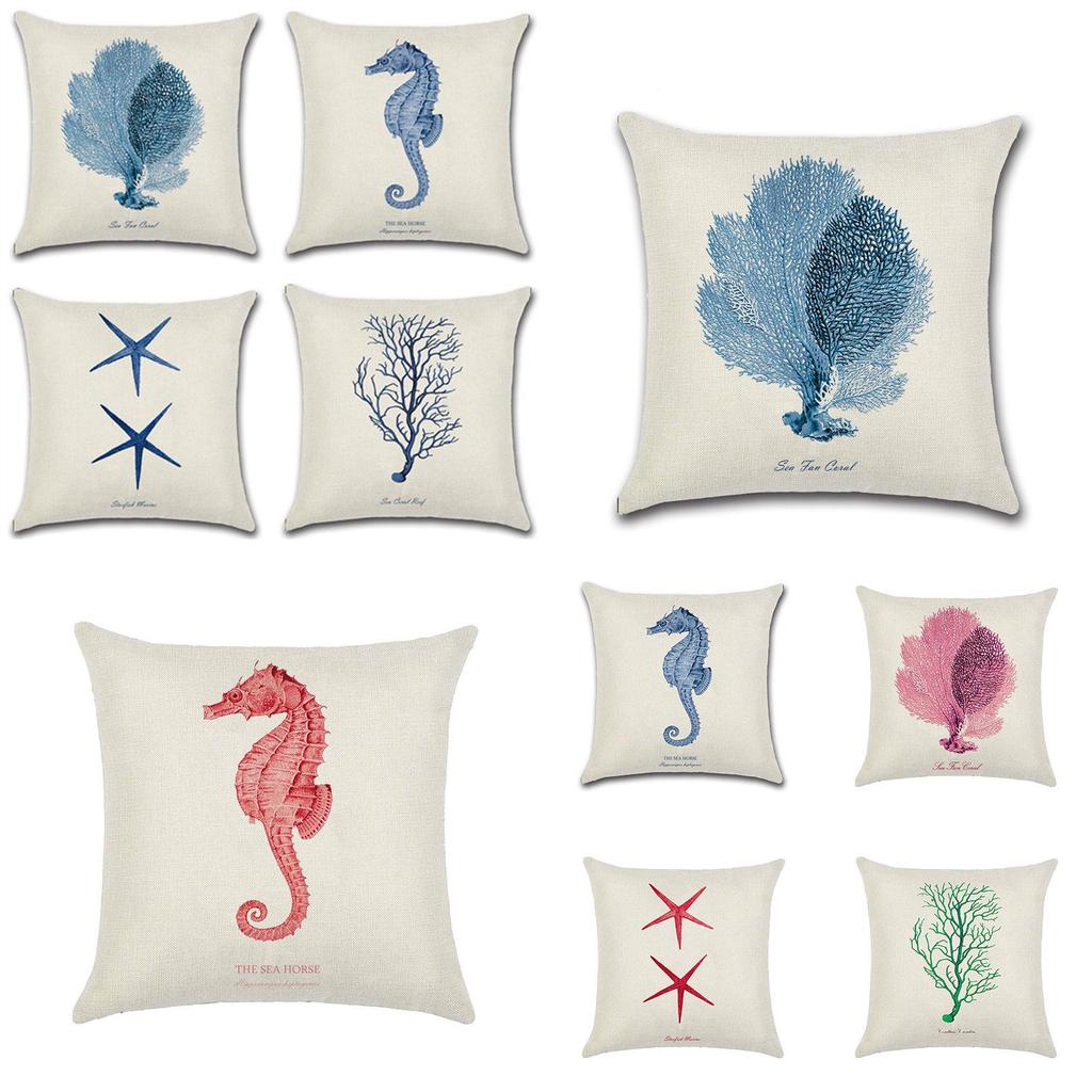 Premium Quality Flax Throw Pillow Case With Marine Organism Patterns For Home Decor