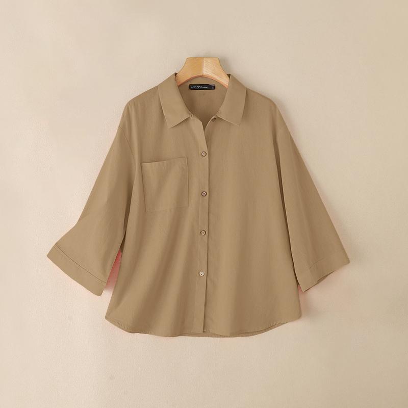 ZANZEA Womens Turn Down Collar 3/4 Sleeve Loose Button Blouse