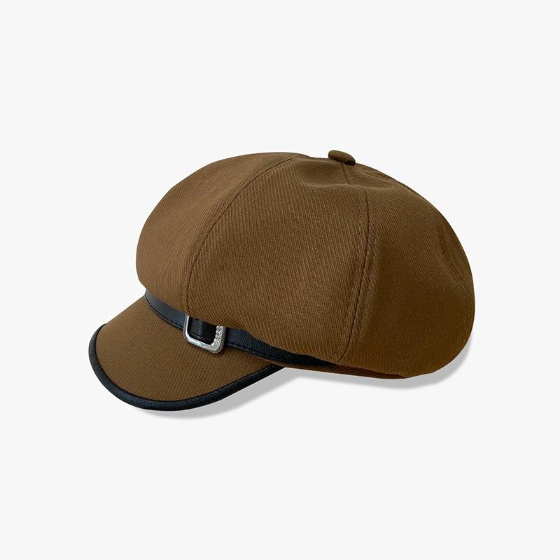 Pu Leather Edge Octagonal Hat for Women Autumn and Winter Retro Japanese Youth Newspaper Baby Hat Korean Style Belt Buckle Duck Tongue Painter Hat