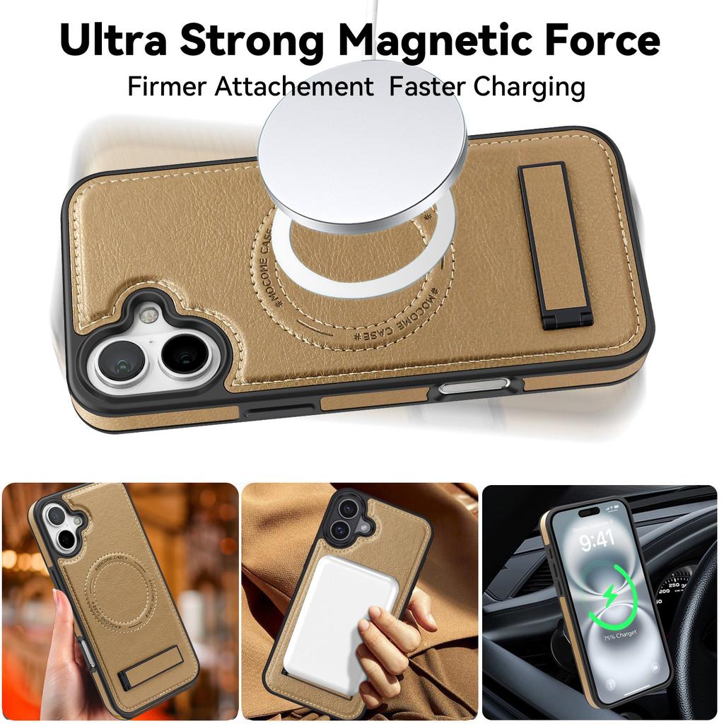 For iPhone 16 Plus Case Compatible with MagSafe Kickstand Leather Phone Back Cover