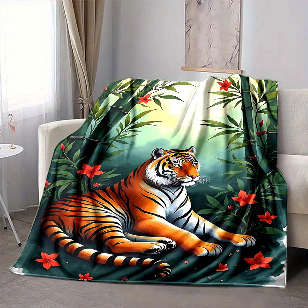 1pc Bamboo Forest Tiger Blanket - Lightweight Flannel Fleece with Digital Printing, Soft Warm for Sofa, Travel, Camping, Office Yy251018316