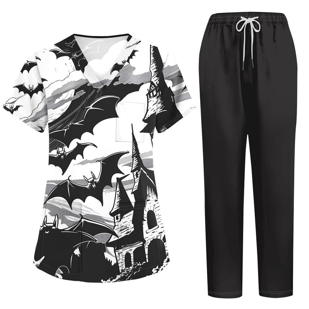Women's Scrub Set Short Sleeve Halloween Print Pocket Top and Pants Two Piece Work Uniform