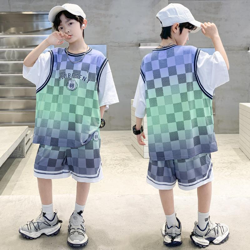 Boys' Basketball Suit Fake Two-piece Set, Summer Thin Ice Silk Quick Drying Sports Two-piece Set, Handsome