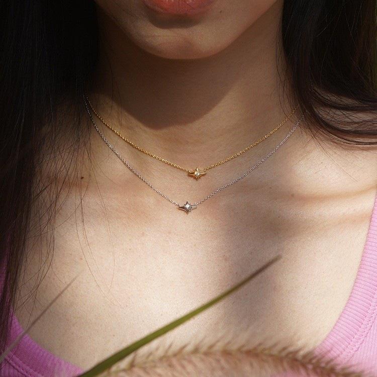 Starry S925 Silver 18K Gold-Plated Zircon Four-Pointed Star Pendant Necklace - Elegant and Delicate Design