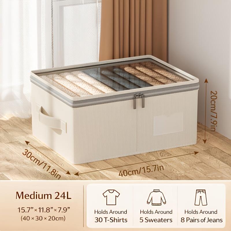 Linen Fabric Storage Box with Clear Window Collapsible Wardrobe Clothes Organizer Container with Lid Built In PP Board