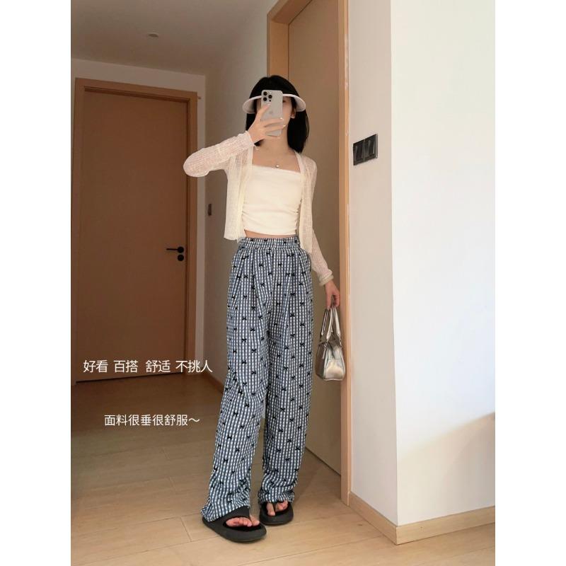 

Cute butterfly plaid pants summer thin loose breathable casual pants versatile high waist thin drape trousers XL