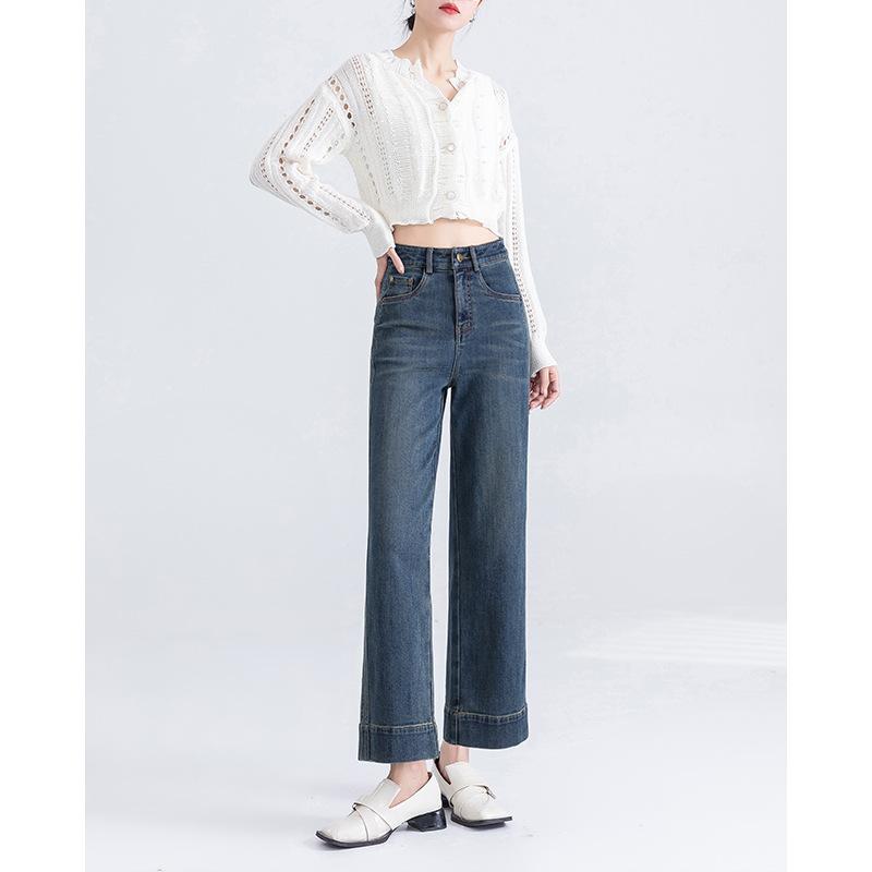 

High-end Retro Wide-leg Jeans for Women In Spring New High-waist Loose Versatile Slimming Nine-point Straight Pants 32