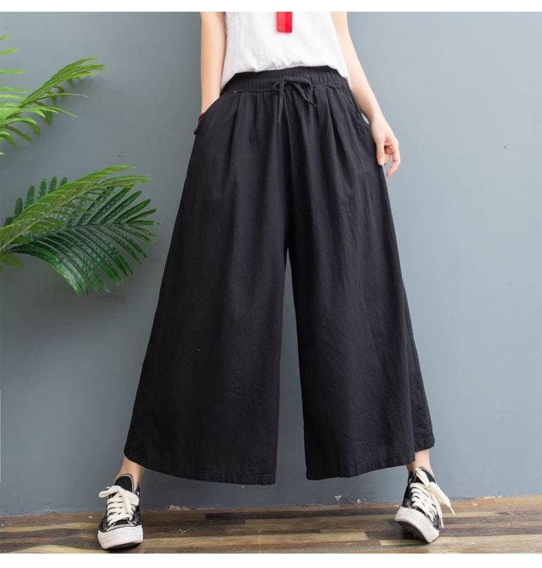 Dámské bavlněné lněné kalhoty nadměrné velikosti Retro kapsy Volné kalhoty Dámské jednobarevné kalhoty s elastickým pasem Dámské
