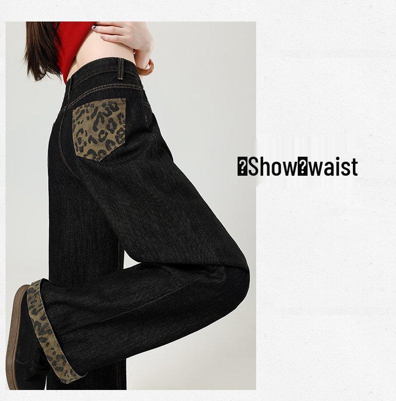 Leopard Patchwork High-Waisted Wide-Leg Jeans for Women Medium