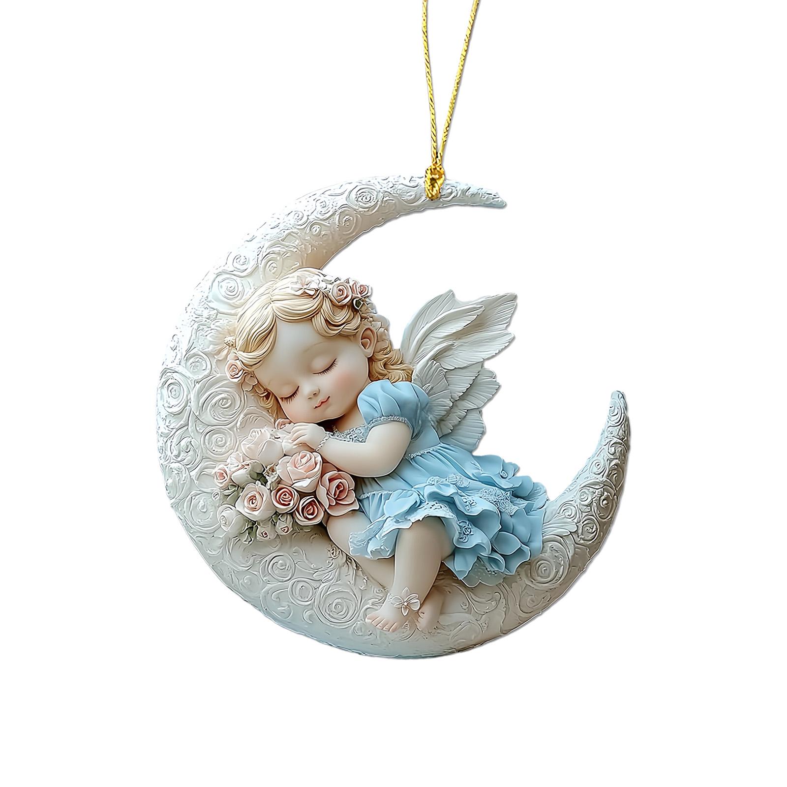2D Angel Baby On Moon Acrylic Pendant Keychain Bag Charm Holiday Car Interior Mirrored Ornament Home Wall Hanging Decors