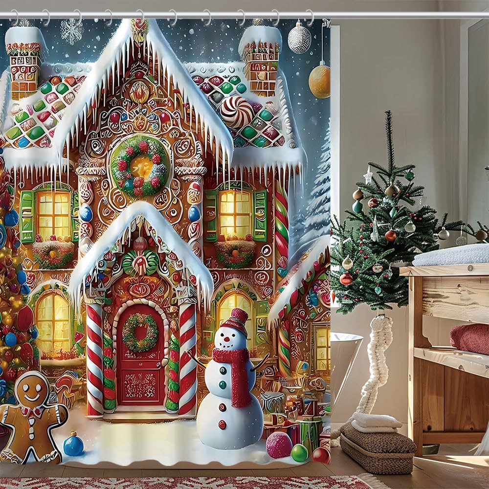 GAEChristmas Snowman Shower Curtain, Xmas Balls Snowflake Decorative Bathroom Curtains Set with Hooks, Winter Holiday Bathroom