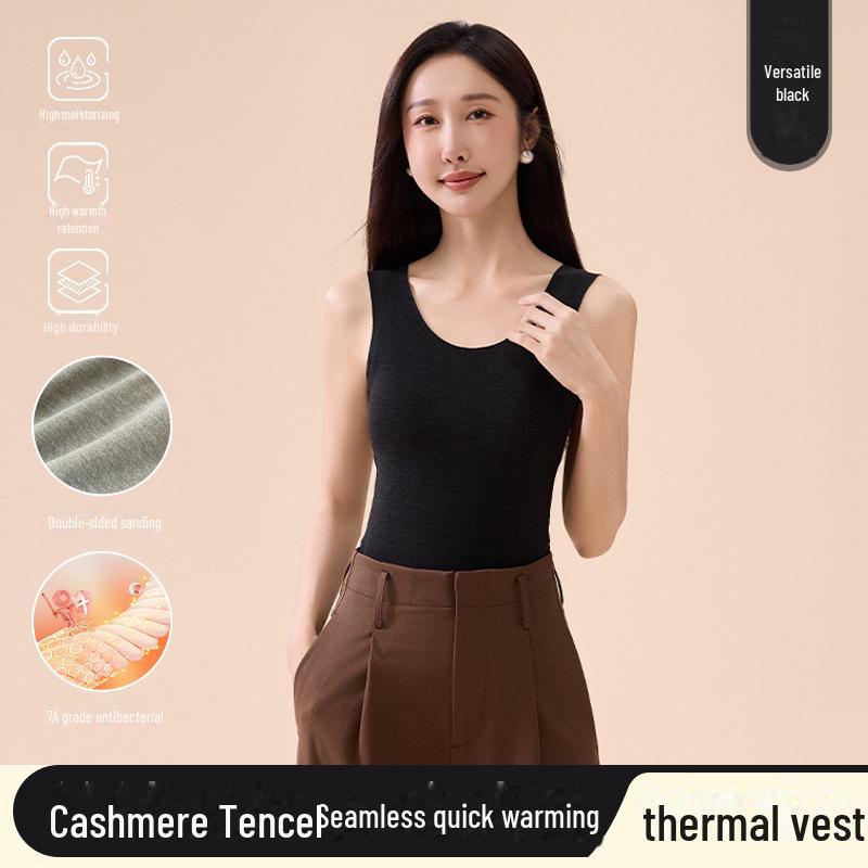 

Женский утепленный жилет из кашемирового бархата и бесшовный топ из тенселя для осени и зимы M чёрный