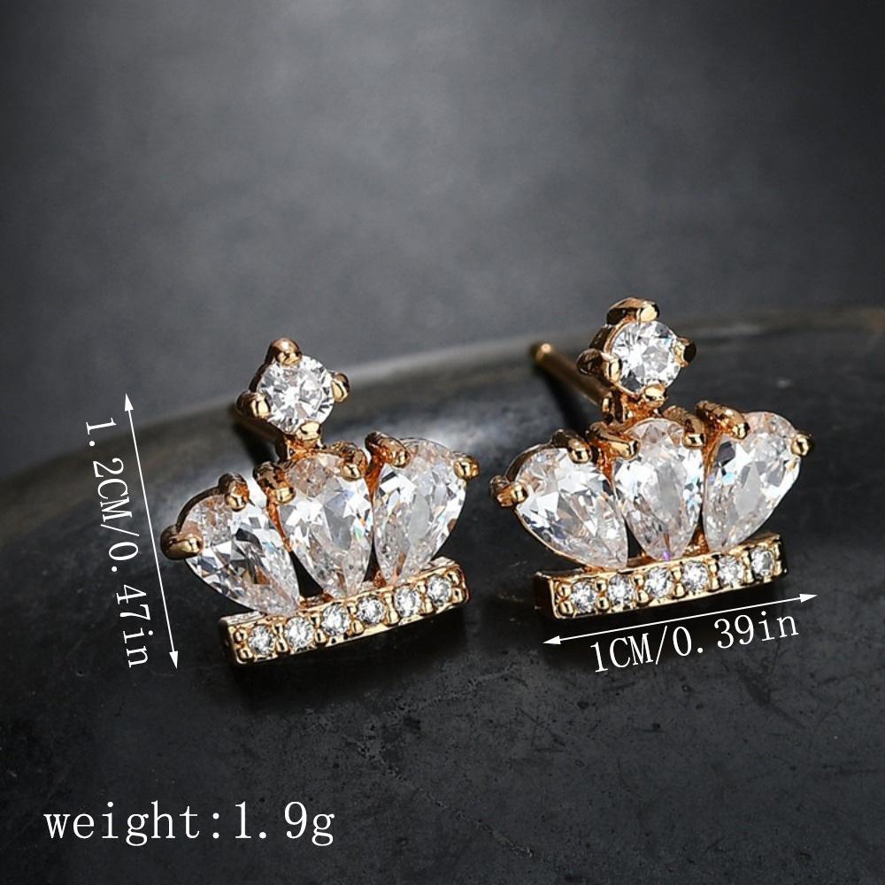 Elegant Cubic Zirconia Crown Stud Earrings - Gold-Plated Copper, Luxurious Shine for Women