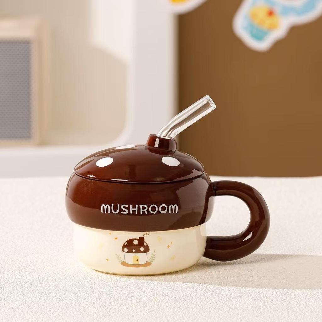 Cute Mushroom Ceramic Straw Cup, High-value Souvenir, Mug for Girlfriends, Couples, Water Cup with Lid